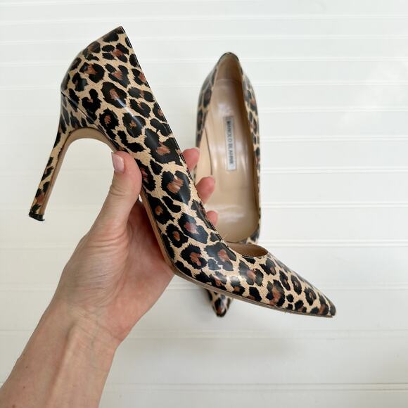 Manolo Blahnik Leopard Print Patent Leather Stiletto Pumps Heels 39.5 90mm - Picture 2 of 11